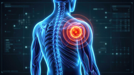 Anatomical depiction of a human torso with spine and shoulder highlighted in red against a dark background with faint graphics