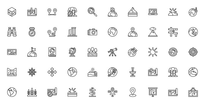 Geography icon set. Vector illustration featuring terrain, compass, maps, globe, navigation, satellite, volcano, mountains and more. Minimal linear icons.