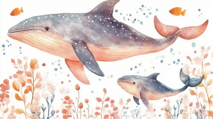 adorable watercolor whale mommy and baby swimming together, white background