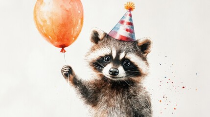 adorable watercolor raccoon with party hat, holding balloon, white background
