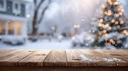 A wooden table covered in snow with a blurred snowy winter scene and a Christmas tree in the background