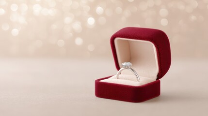 Red velvet box with a diamond ring inside