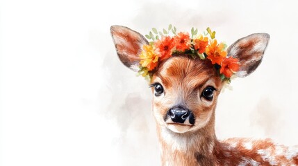 cute watercolor baby deer with flower crown, soft tone, white background