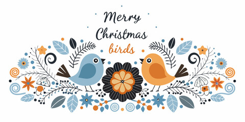 Obraz premium Festive christmas illustration with birds floral elements and a merry greeting