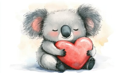 cute watercolor cartoon baby koala hugging a heart pillow, white background