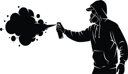 Silhouette of a man wearing a hoodie and gas mask spraying graffiti with a can vector art