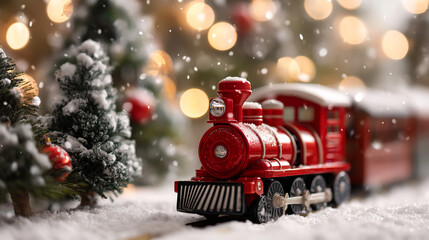 A red toy train sits on a snowy surface next to a small Christmas tree decorated with ornaments during a festive holiday scene with bokeh lights in the background