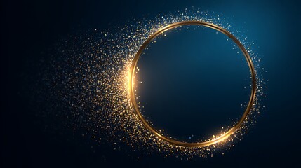 Glowing golden ring with sparkling particles on a deep blue gradient background