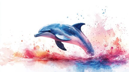 cute watercolor dolphin jumping out of water, pastel color, white background