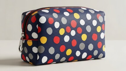 Dark polka dot cosmetic bag with colorful dots and zipper isolated on white