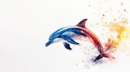 cute watercolor dolphin jumping out of water, pastel color, white background