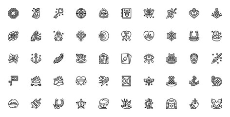 Tattoo icon set. Vector tattoo symbols collection. Includes Celtic, Mermaid, Skull, Heart, Compass, Anchor, Rose, Sword, Butterfly and more. Editable line art.