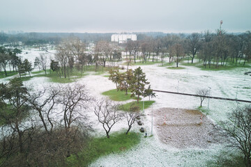 Belgrade park 'Usce' in snow with Museum of contemporary art in the distance