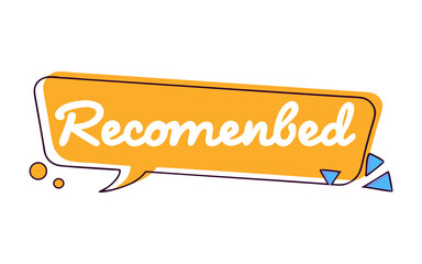 Recommended. Speech Bubble. Review. An isolated PNG orange speech bubble with a recommendation text on a transparent background for a feedback concept, customer tip, or social media post.