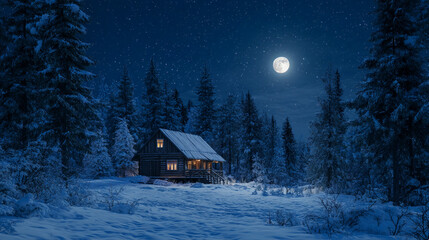 A cozy dark cabin with lit windows sits peacefully in a snowy forest under a bright full moon at night