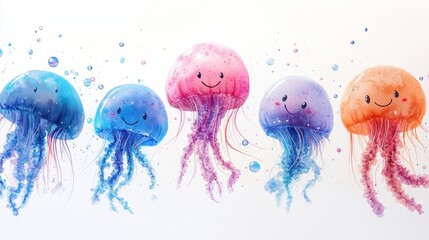 cute watercolor jellyfish floating with bubbles, white background