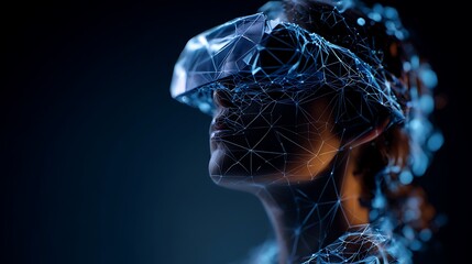 A person wearing a VR headset with abstract digital connections overlayed, looking futuristic