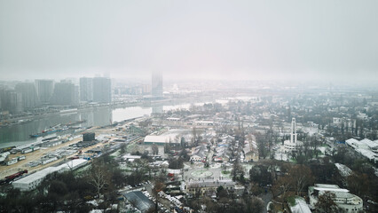 Belgrade aerial view showing Sava river, Belgrade waterfront and Old Fairground