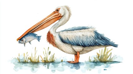 cute watercolor pelican with a fish in beak, pastel colors, white background