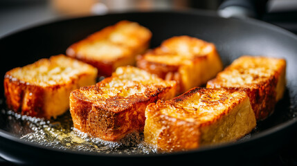 thick cube-shaped french toast being pan-fried in a black non-stick pan, evenly golden brown crust on all sides, crispy exterior with soft custardy interior, butter sizzling around