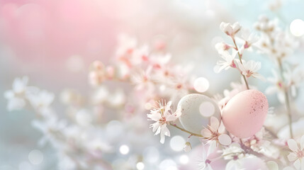 Pink cherry blossom Easter banner, illustration with spring flowers and eggs