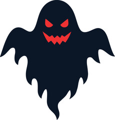 A spooky black ghost with a menacing red grin and glowing eyes