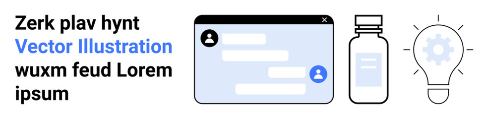 Fototapeta premium Digital communication, healthcare innovation, online consultation, pharmaceutical concepts, creative problem-solving, and technology. Chat window, medicine bottle and lightbulb graphic. Digital
