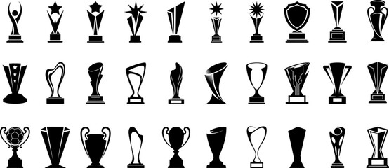 Collection of trophy reward silhouette, different trophy style, victory trophy signs depicting an award, achievement concept, different shapes of trophy vector illustration.