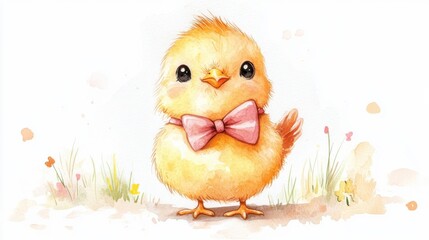 watercolor cartoon baby chick with a bow tie, white background