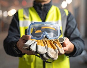 An industrial worker holding safety glasses and work gloves, representing workplace safety and protection