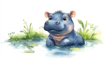 watercolor cartoon baby hippo sitting in a pond, white background