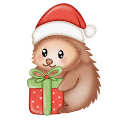 Cute Woodland porcupine Christmas Watercolor.