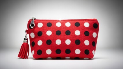 Red polka dot cosmetic bag with classic fabric pattern isolated on white