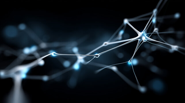 Abstract neural network visualization with glowing impulses between nodes, artificial intelligence, machine learning concept, with copy space - Powered by Adobe