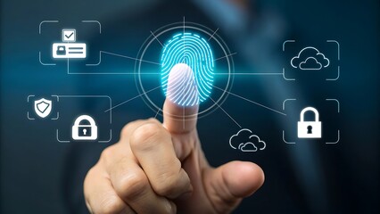 A businessman using a biometric fingerprint scanner for secure authentication and digital identity verification
