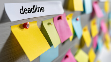 rows of outdated sticky notes curling off whiteboard labeled "deadline", cluttered space