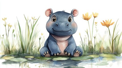 watercolor cartoon baby hippo sitting in a pond, white background