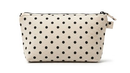 Beige polka dot cosmetic bag with small dot pattern isolated on white