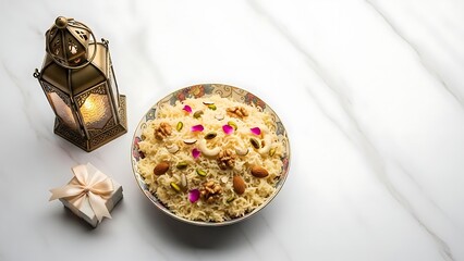 Delicious traditional sweet dish garnished with nuts and flowers in a decorative bowl