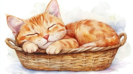 watercolor cartoon cat sleeping in a basket, pastel colors, white background