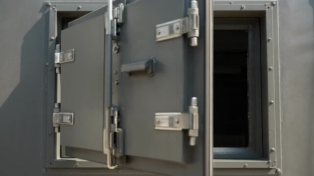 Rear emergency escape hatch on an industrial unit highlighting sturdy hinges and secure locking mechanisms for urgent evacuations.