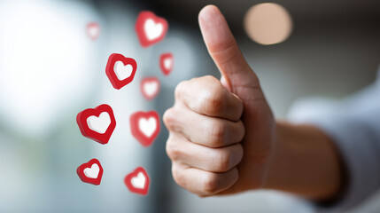 Thumb up gesture with multiple glowing like and heart icons floating around, social approval concept, sharp details