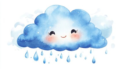 watercolor cartoon cloud with cute face and raindrops, white background