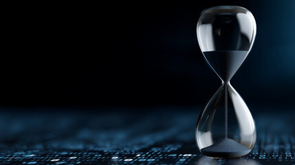 Digital hourglass glowing with binary code and circuit patterns, time and technology concept, dark background, with copy space