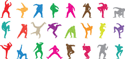 Male street dancers rendered as crisp colorful silhouette collection, showcases a unique breakdance or hip-hop pose with dynamic body language vector Illustrations set for logo,  banner.