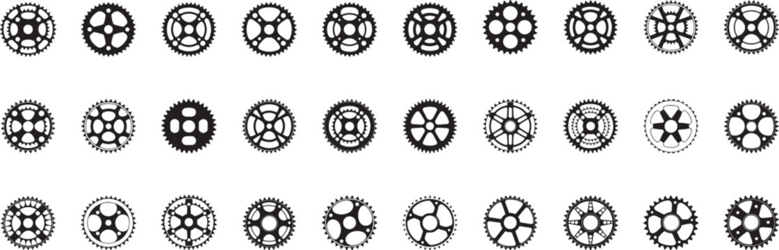 Bicycle crankset chainrings and sprockets silhouette collection, cycling parts icons vector Illustrations set for  banner, post card, invitation, flyer. 