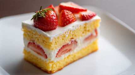 a close-up of the strawberry cake's layers, showcasing its delicate texture and vibrant colors. the layered sponge is filled with soft cream frosting between each layer, while fres