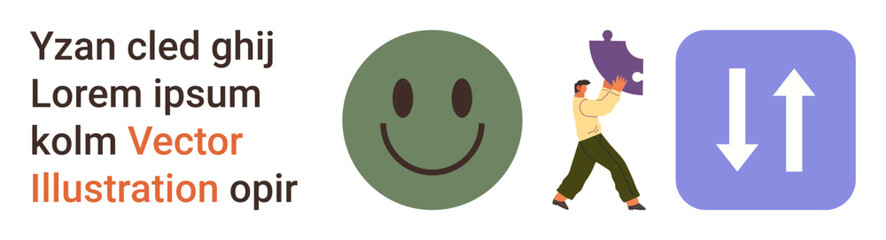 Fototapeta premium Communication, teamwork, problem-solving, balance, emotional health, direction. A smiling face, person carrying a puzzle piece and up-down arrows. Teamwork and problem-solving concept