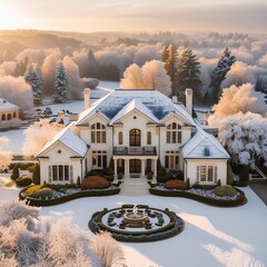 A cozy wooden cabin sits nestled in a snowy mountain landscape surrounded by white trees and a rural winter nature scene under a cold sky