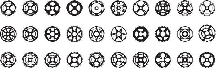 Bicycle crankset chainrings and sprockets silhouette collection, cycling parts icons vector Illustrations set for  banner, post card, invitation, flyer.